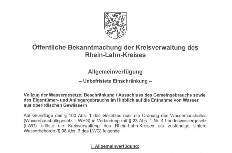 Allgemeinverfügung zur Wasserknappheit der Unteren Wasserbehörde